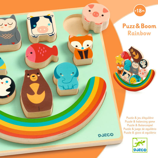 Djeco | Puzz &amp; Boom Arco Iris | Rompecabezas de madera y torre de equilibrio